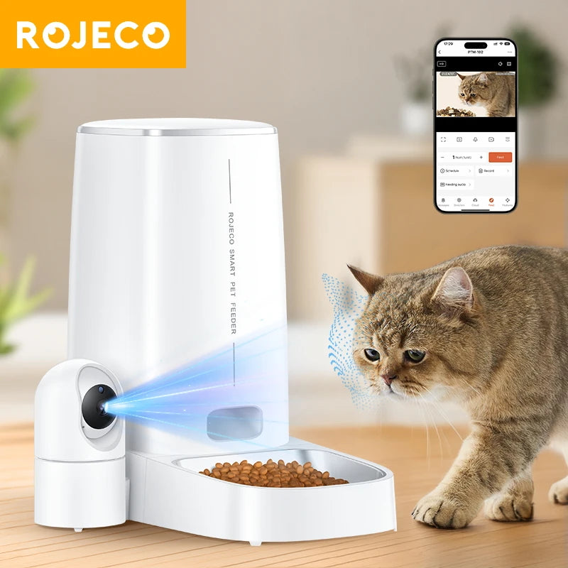 ROJECO 4L Automatic Cat Feeder with Camera | Smart WiFi Pet Food Dispenser with Voice & Video