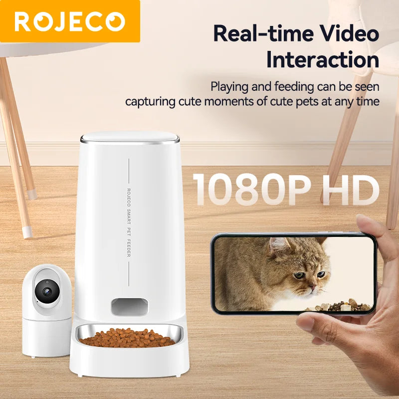 ROJECO 4L Automatic Cat Feeder with Camera | Smart WiFi Pet Food Dispenser with Voice & Video